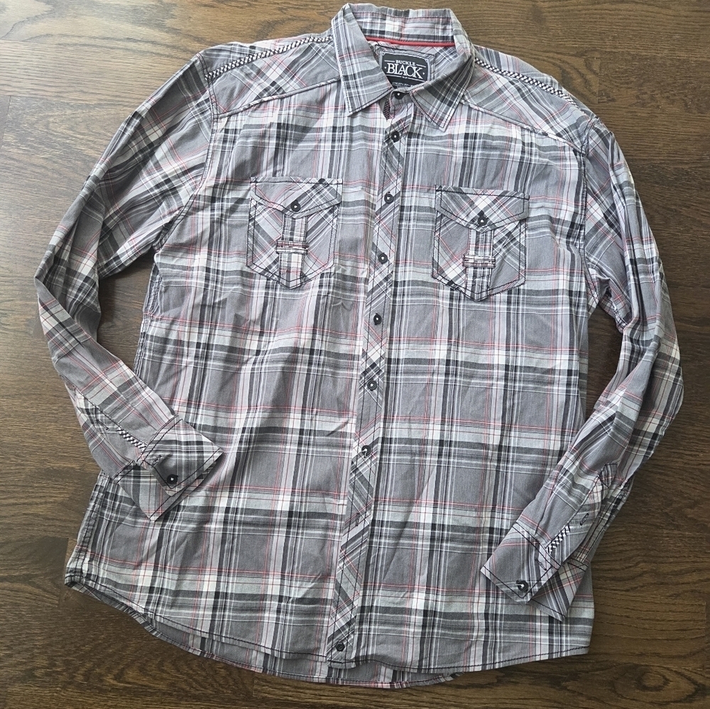 Buckle Black Men's Gray Plaid Shirt Sz.XXL